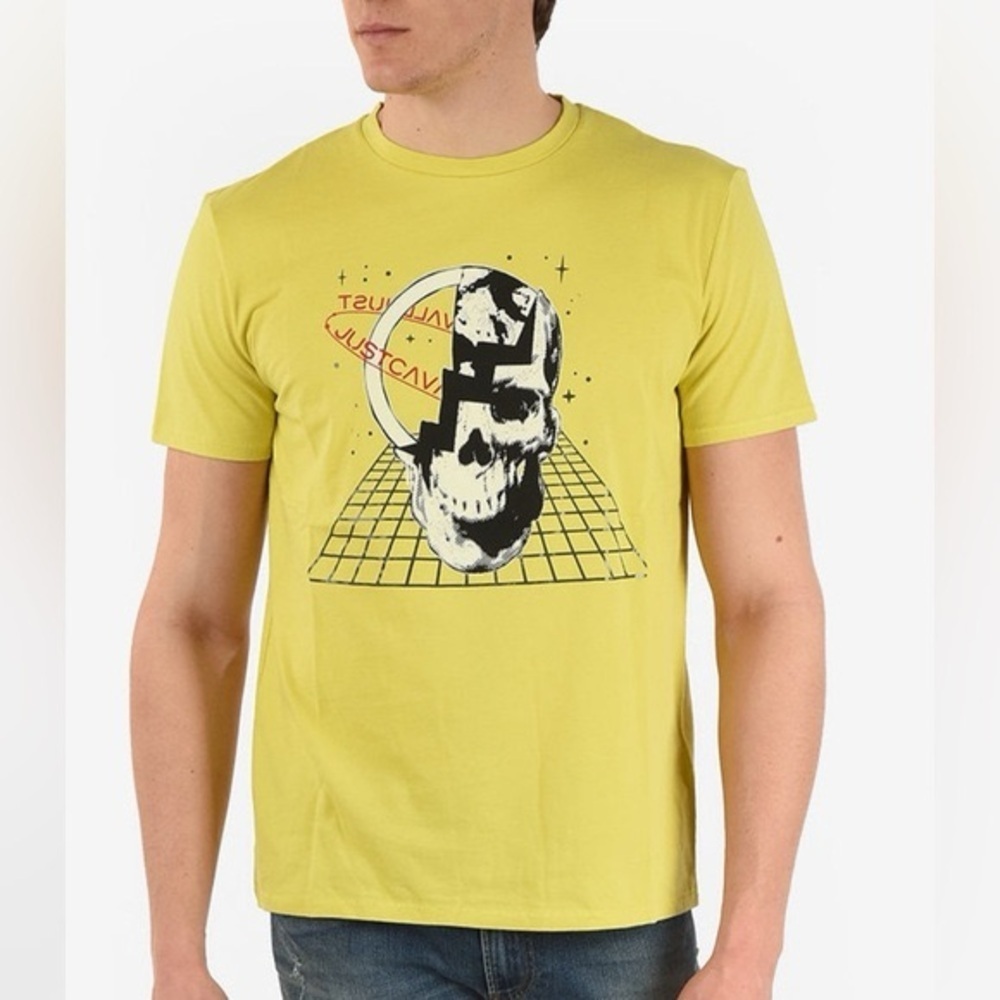 NWT Just Cavalli Skull Printed Crewneck Short Sleeve Tee T Shirt Yellow Sz L
